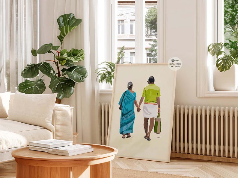 Minimalistic painting of a loving elderly couple in traditional Indian wear