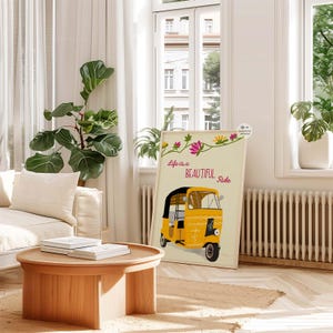 Yellow auto rickshaw with Life is a Beautiful Ride quote art print