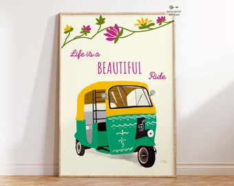 Indian TukTuk Art Print, Auto Rickshaw, Boho Home Decor (Digital Download)