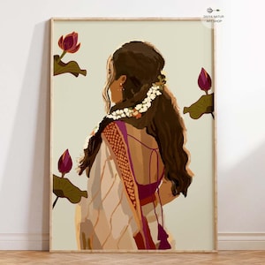 Indian Woman Saree Art, Traditional South Indian Lady with Jasmine Flowers, Instant Download Wall Decor, Indian Art, Indian Home Decor