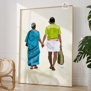 Elderly couple holding hands in minimalist painting with traditional Indian clothing.