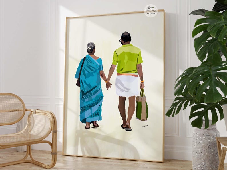 Elderly couple holding hands in minimalist painting with traditional Indian clothing.