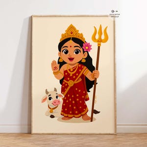 May include: A framed illustration of a cartoon-style deity in a red sari with gold accents, holding a trident. The deity has black hair, a gold crown, and a pink flower. A white cow with pink accents is beside the deity.