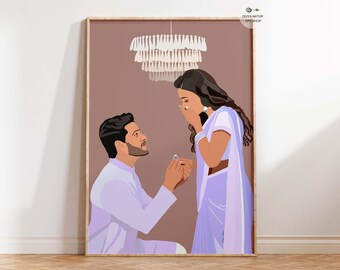 Indian Engagement Art Print – Desi Couple Proposal Illustration (Digital Download)