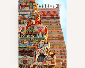 Srirangam Temple Art Print: Detailed South Indian Gopuram, PREMIUM Fine Art Paper, Trichy Temple Wall Decor, Indian temple art print