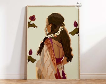 Traditional Indian Woman Art | Saree Illustration South Asian Wall Decor | Floral Ethnic Poster Feminine | DIGITAL DOWNLOAD