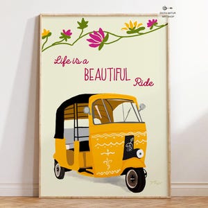 Vibrant Yellow Auto Rickshaw Art for Indian Home Decor, PRINTABLES, Indian Tuk Tuk Wall Art, Desi Art, Indian Painting, Nostalgic Memories