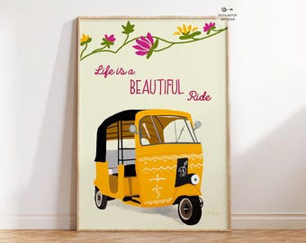 Yellow Auto Rickshaw Art Print: Indian Tuk Tuk Illustration (Digital Download)