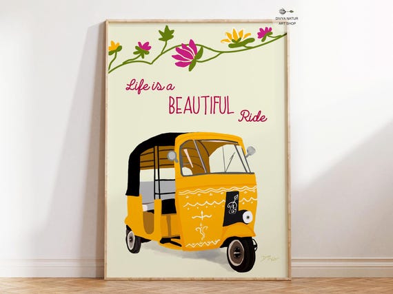 Yellow Auto Rickshaw Art Print: Indian Tuk Tuk Illustration (Digital Download)