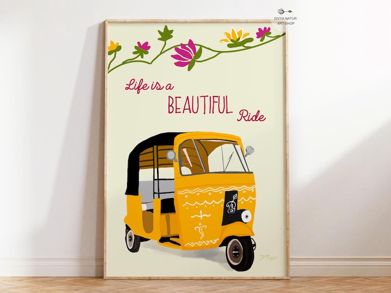 Indian tuk-tuk art print for home decor with bright colors