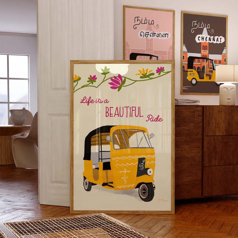 Decorative auto rickshaw art print for office and living spaces