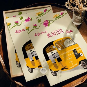 Life journey inspirational quote featuring an auto rickshaw