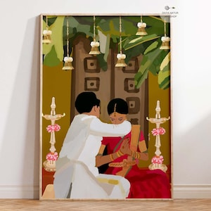 May include: An illustration of a couple in traditional Indian wedding attire. The artwork features a man in white clothing embracing a woman in a red sari. The background includes decorative elements and hanging bells, creating a cultural theme.