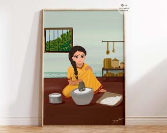 Nostalgic Batter Grinding Scene India Art Print, Instant Download, Indian Heritage Wall Decor, Best golden age memory gift to desi art lover