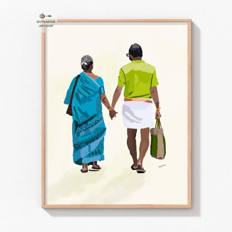Traditional artwork of an elderly couple walking together, woman in blue saree and man in dhoti.