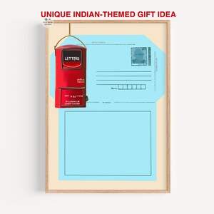 May include: A framed print featuring a red Indian mailbox hanging in front of a light blue postcard design. The mailbox has the word "LETTERS" on it. The text "UNIQUE INDIAN-THEMED GIFT IDEA" is at the top.