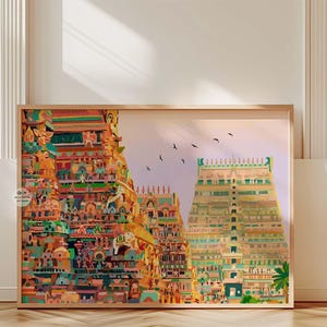 Srirangam Temple Wall Art, Instant Download, TamilNadu Gopuram Illustration, Srirangam with Sunset Sky, Hindu Temple Art, India Heritage Art