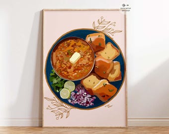Pav Bhaji Food Indian Art Print, Digital Download, Maharashtra Food Kitchen Decor, North Indian Food Art Print, Modern Kitchen Wall Decor
