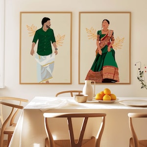Set of 2 South Indian Couple Art, Instant download, Traditional Dhoti/vasti & Saree Indian Wall Art, South Indian poster decor, Desi poster