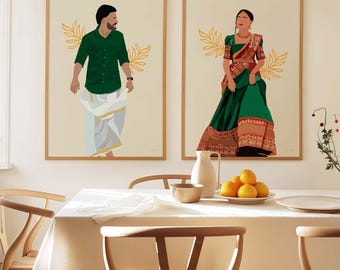 South Indian Couple Art Print Set: Saree & Dhoti Portraits (Digital Download)