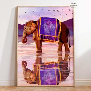May include: An artistic print of an elephant standing in water, with its reflection visible. The elephant is brown with decorative gold and white accents and a purple and gold blanket. The background features a sunset and mountains.