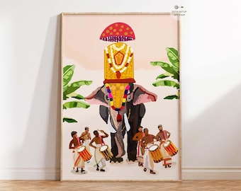 May include: An illustration of an elephant adorned with a decorative headdress and a colorful garland. The elephant is the focal point, with drummers in traditional attire in the foreground. The artwork is set against a soft, light background with green foliage.