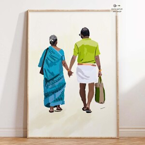 Indian Elderly Couple Walking Hand in Hand, Instant Download, Indian Couples Art, Indian culture art, Indian Bond love and companionship art