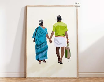 Indian Elderly Couple Art Print: Love & Companionship, Instant Download, Best Art Gift for Indian Parents or grand parents, Pure Love Art