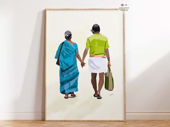 Indian Elderly Couple Art Print: Love & Companionship, Instant Download, Best Art Gift for Indian Parents or grand parents, Pure Love Art