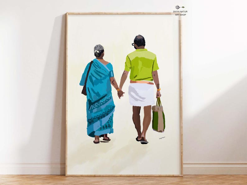 Elderly Indian couple holding hands in a vibrant digital painting, ideal for gifts and decor