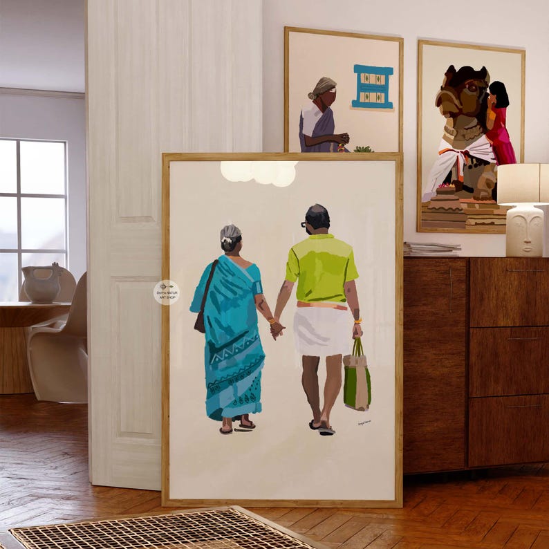 Romantic senior couple in hand-painted art, showcasing Indian saree and dhoti attire.