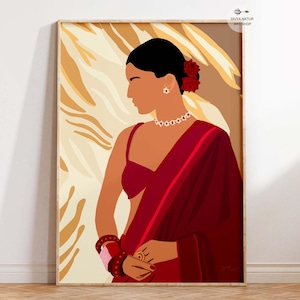 Elegant Indian Woman in Red Saree Digital Art, Instant Art, Cultural Decor, Indian women poster, Desi Art, Boho Indian Art, Saree Art
