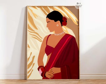 Red Saree Woman Art Print: Modern Indian Decor (Digital Download)