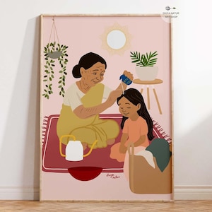 Grandmother Oiling Hair Art Print: Nostalgic Indian Family Decor (Instant Download)
