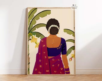 Tamil Woman Art Print – South Indian Saree Painting with Tamil Alphabets | Cultural Wall Art | Tamilachi Tamil letters | DIGITAL DOWNLOAD