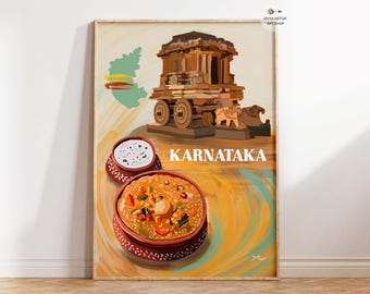 May include: A colorful illustration of a traditional Indian dish, called Bisi Bele Bath, in a bowl with a side of raita. The illustration is set against a background of a temple chariot, a map of Karnataka, and the text "Karnataka".