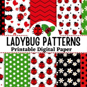 Può includere: Una collezione di modelli di carta digitale con coccinelle, pois e disegni floreali. I modelli includono pois rossi e neri, coccinelle su sfondo bianco e sfondi verdi con margherite bianche. Il testo "LADYBUG PATTERNS" è visualizzato.