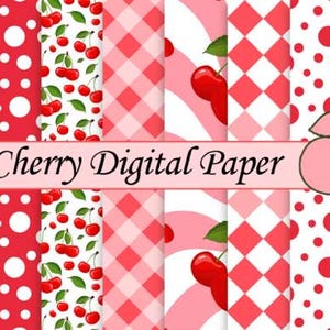 Cherry Digital Paper Pack | Red Gingham, Polka Dot & Fruit Scrapbook Backgrounds | Commercial Use | Instant Download