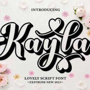 May include: A black and white script font design with the name "Kayla" and the words "Introducing" and "Lovely Script Font" on a white background. The design is decorated with pink roses, small flowers, and white petals.