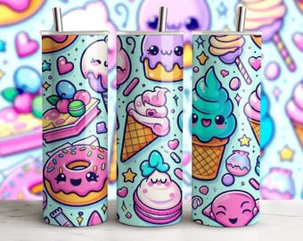 May include: Three stainless steel tumblers with a colorful, cartoon-style design. The tumblers feature illustrations of ice cream cones, donuts, cupcakes, and other sweets on a light blue background. Each tumbler has a silver straw.
