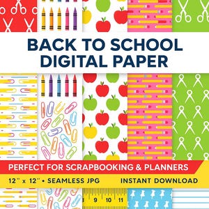 Back to school digital paper pack, 12x12 seamless patterns, School supplies backgrounds, Scrapbooking & planners, Instant download.
