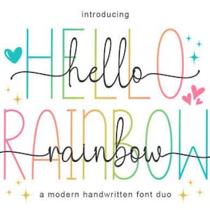 Peut inclure: Graphique coloré avec les mots "hello rainbow" dans une police manuscrite moderne. Le mot "hello" est dans un dégradé arc-en-ciel vertical, et "rainbow" dans un dégradé arc-en-ciel horizontal. Le design comprend des cœurs et des étoiles.