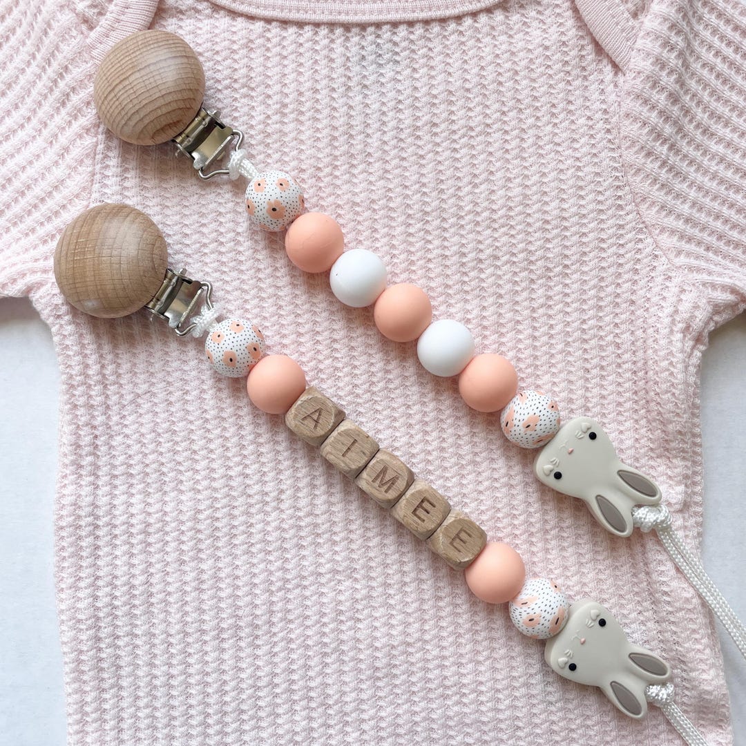 Personalized Pacifier Clip Holder: Embroidered Name, Boho Bamboo Dummy...