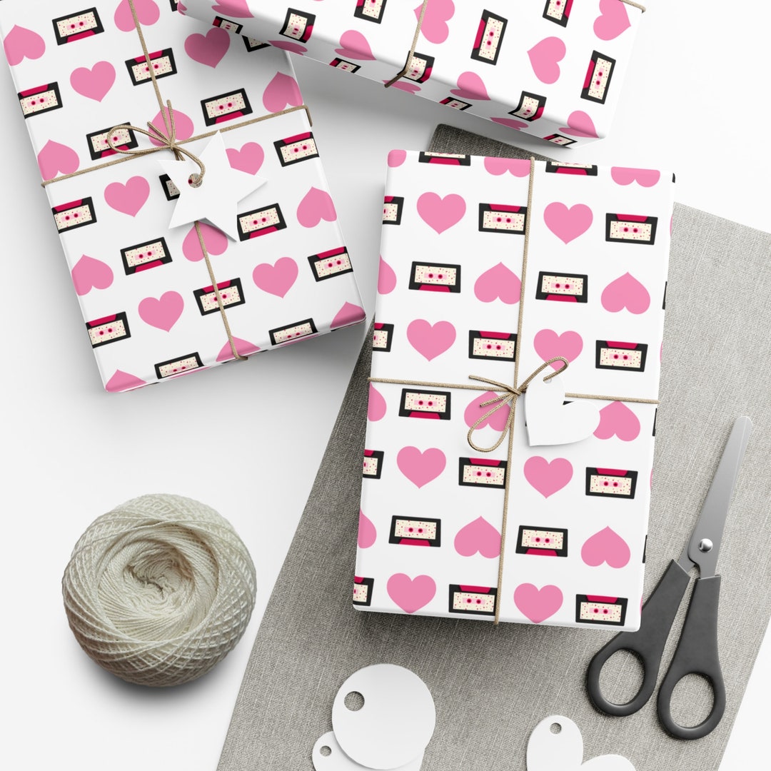 Hearts & Cassette Tapes Gift Wrap: Large Print, Pink on White - Etsy