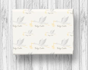 Personalized Baby Shower Stork Wrapping Paper, Gift Wrap, Watercolor Style