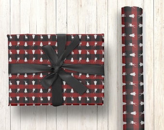 Red Buffalo Plaid With Deer & Tree Silhouette Christmas Gift Wrap Paper
