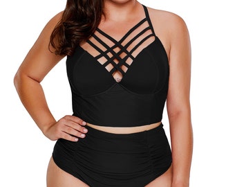 Swimwear: Black High Waist Tankini with Criss Cross Details