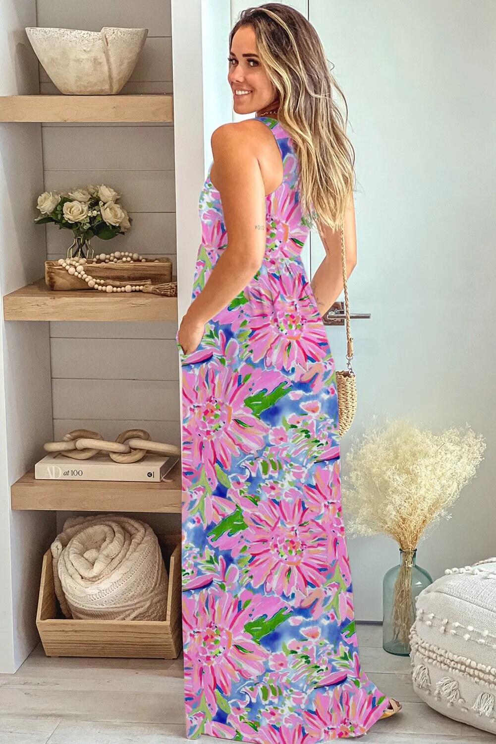 Dress: Floral Print Maxi Pink and Blue Pocketed Sleeveless Abstract - Etsy