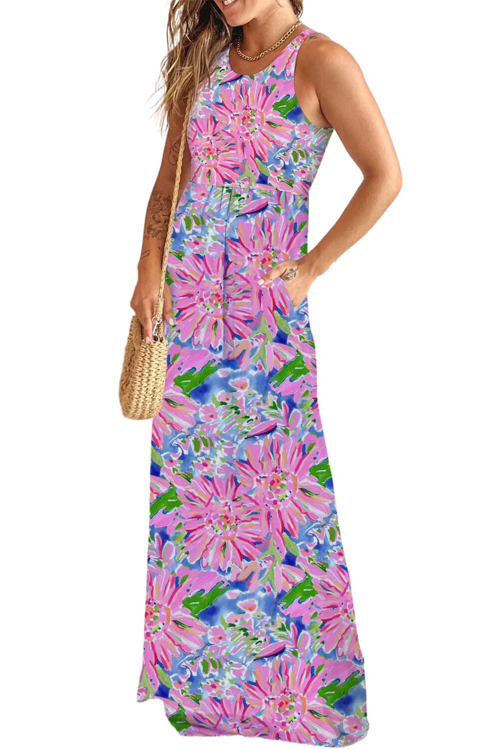 Dress: Floral Print Maxi Pink and Blue Pocketed Sleeveless Abstract - Etsy