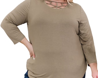 Top - Plus Size: 3/4 Sleeve and Cut-out Neckline